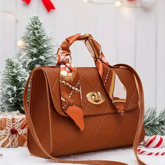 Unbranded Brown Quilted Handbag with Scarf Accent- NIP - Picture 6 of 9